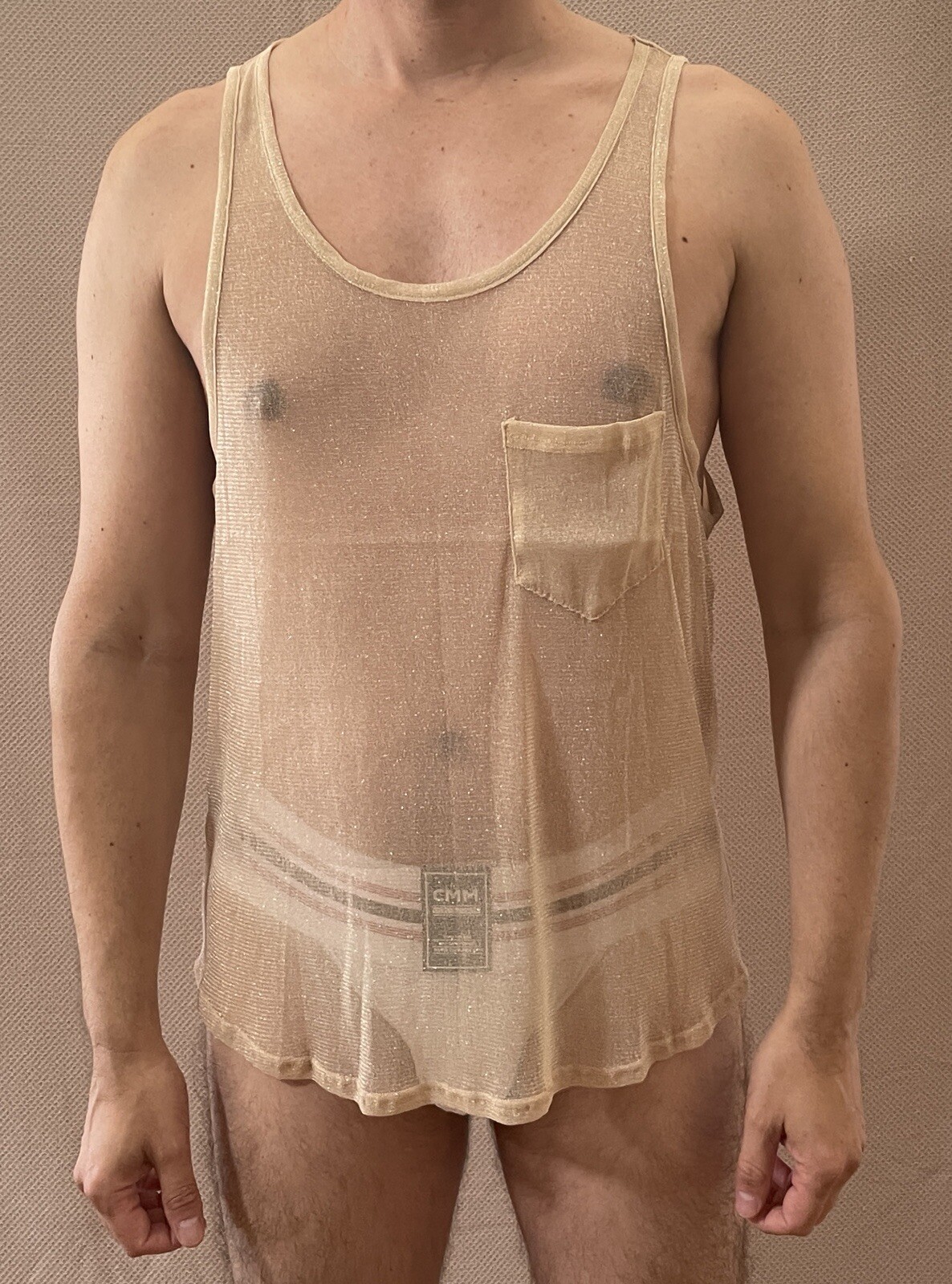 INCERUN Men’s Gold Size XL Scoop Neck Sheer Mesh Metallic Pocket Tank Top