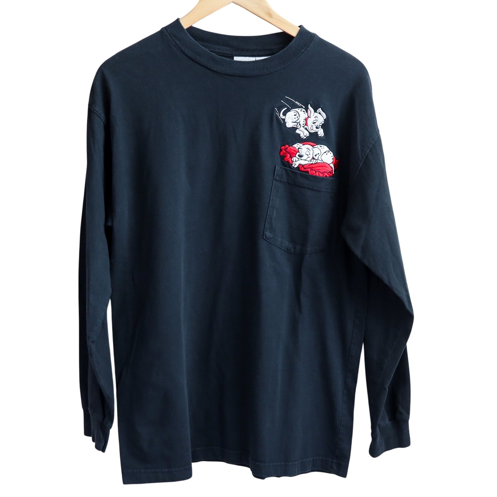 Vintage Disney 101 Dalmatians Long Sleeve T-Shirt Black Embroidered Pocket Tee L