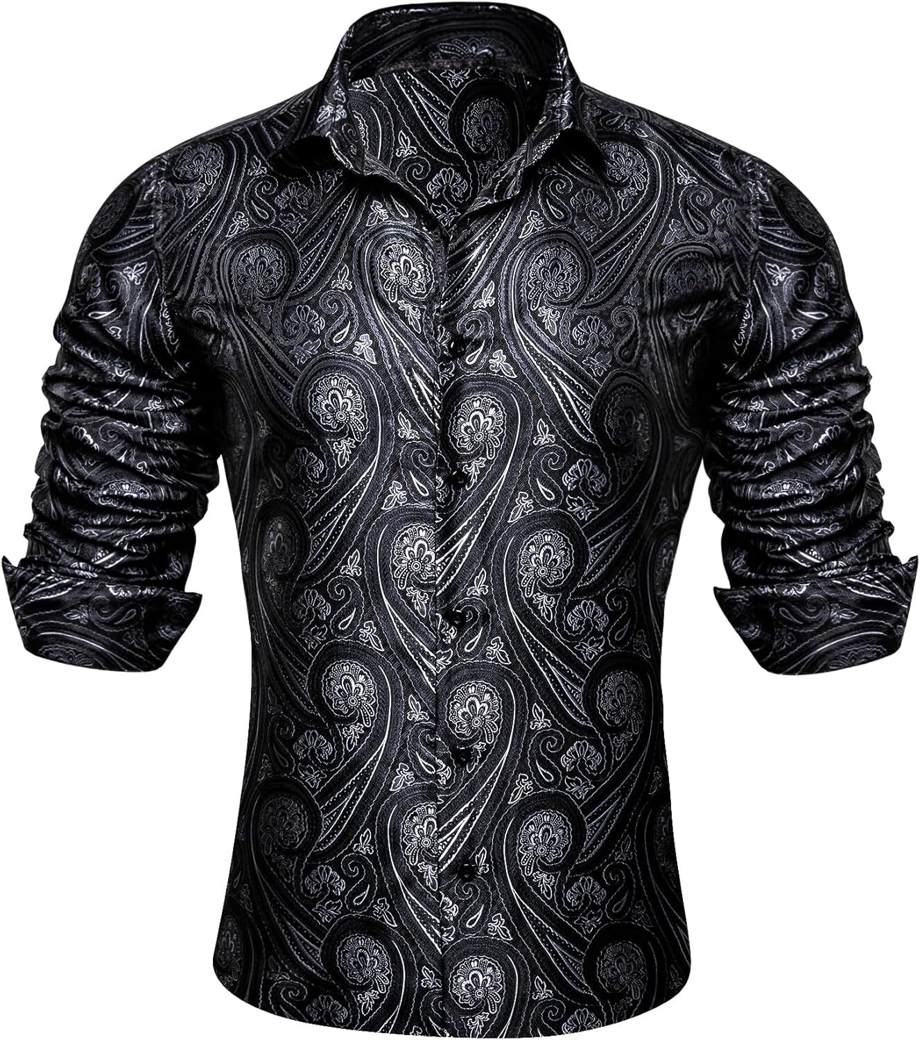 Mens Silk Paisley Western Shirt Long Sleeve Button Down Cowboy Dress Top Casual