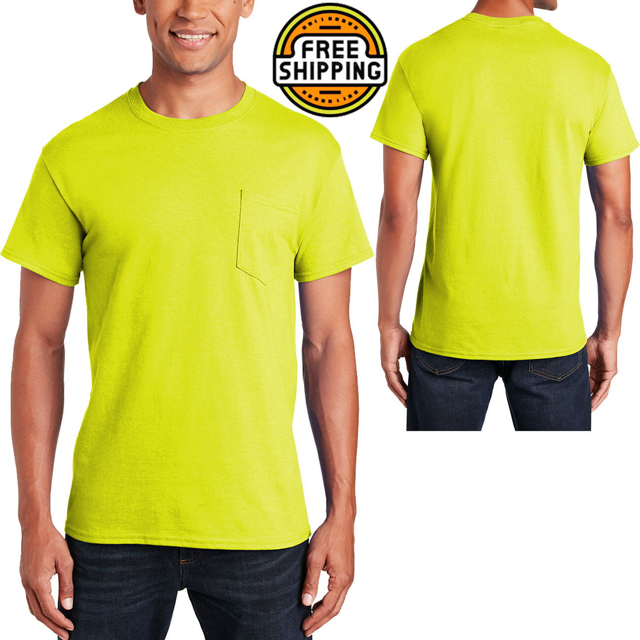 Gildan Mens Blended Pocket Tee Safety Green Size: Large NEW!