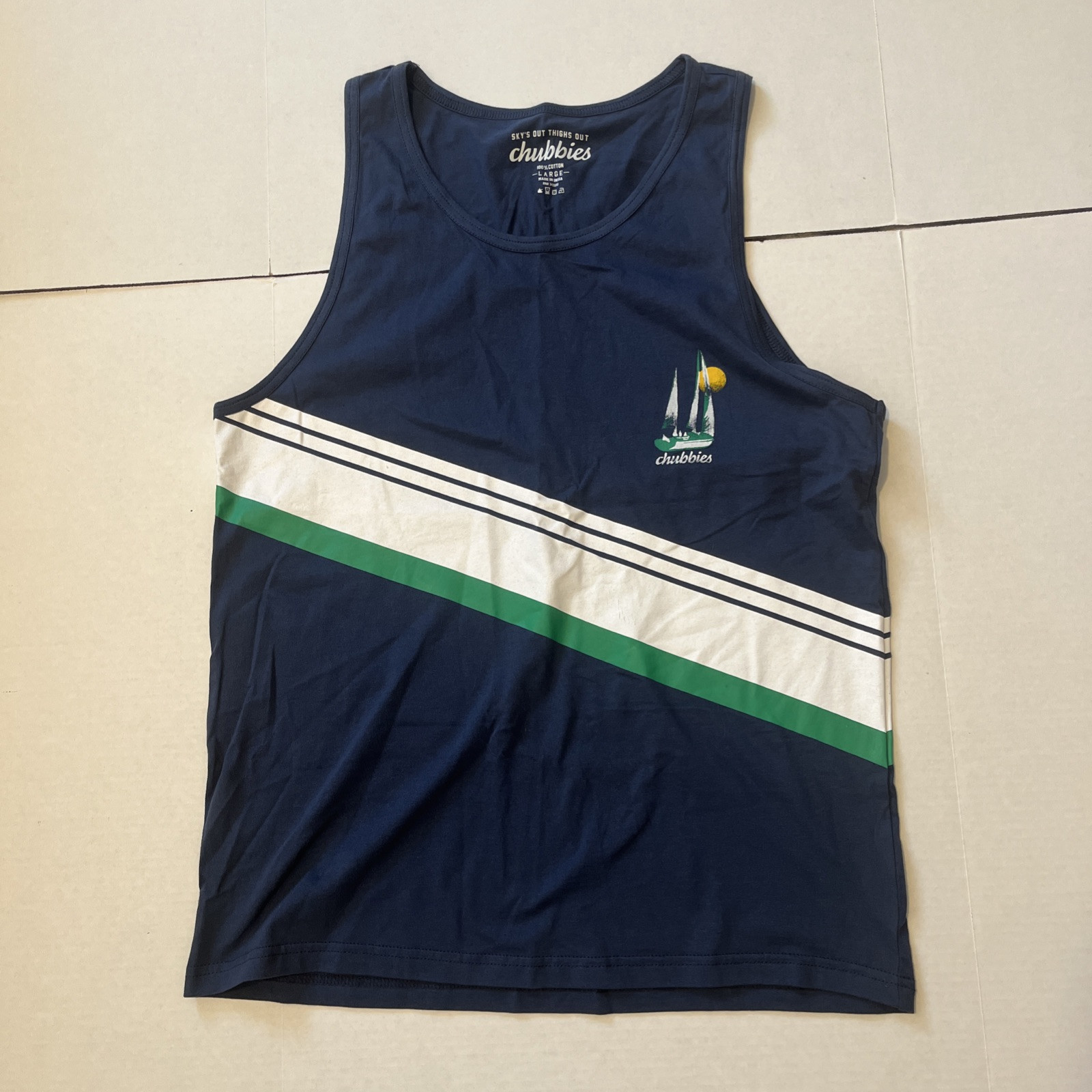 Chubbies Tank Top Shirt Mens Large Navy Blue Center Stripe Cotton Thighs Out