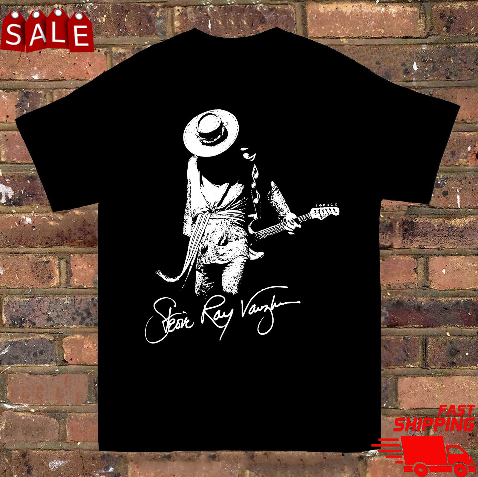 Stevie Ray Vaughan Signature T-Shirt Short Sleeve Black Women Men S to 5XL