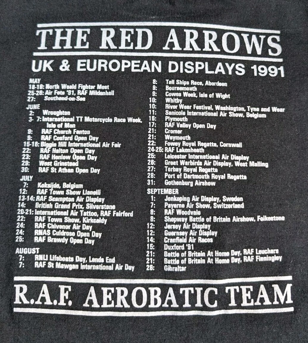 1991 Red Arrows RAF Aerobatic Team 1991 Black Screen Stars Single Stitch Large