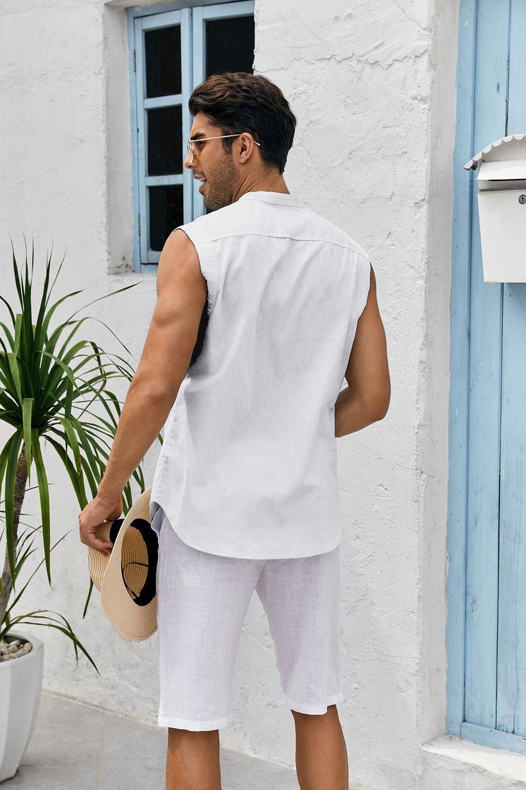 Mens Linen Cotton Sleeveless Button Down Shirts Summer Beach Casual Tank Tops