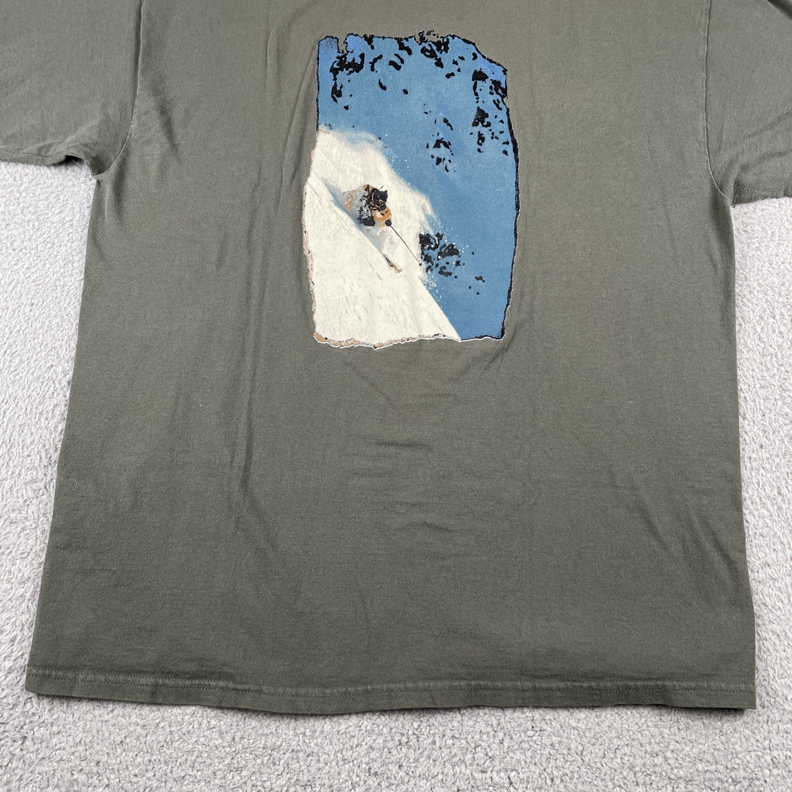 Vtg Tultex Olive Green XL Shirt Live2Play.com Skier Back Graphic Mountain Y2K