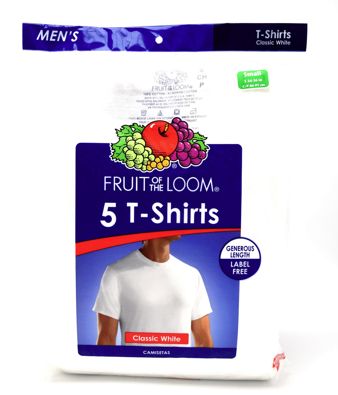 5 White Small S 34-36 Inch Crew Neck T-Shirts Fruit Of The Loom C / P 86-91 CM