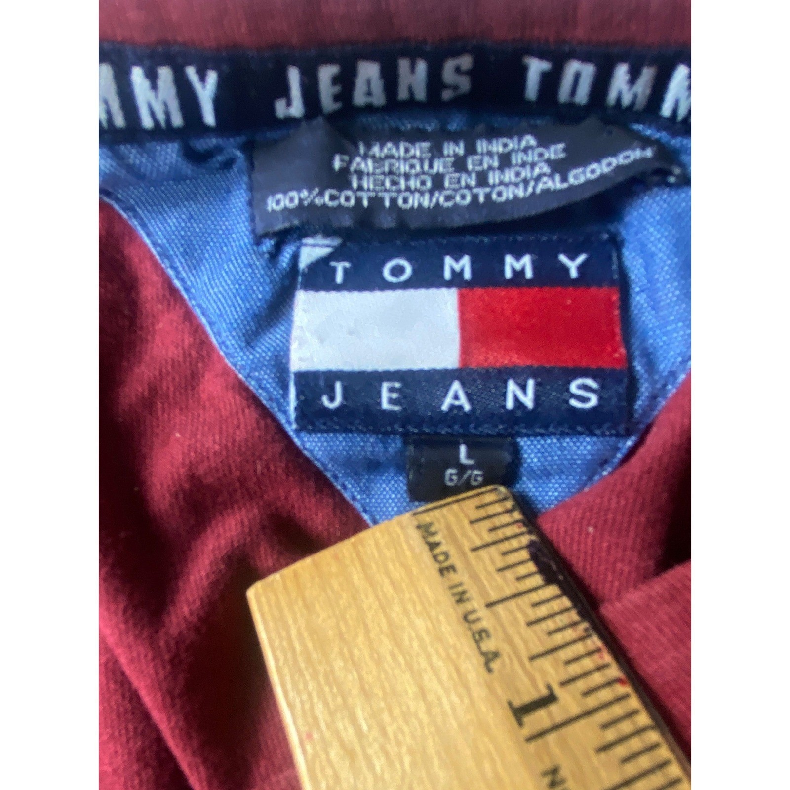 Vintage Tommy Jeans Mens Large Red V Neck Pocket T Shirt Flag Logo 90s
