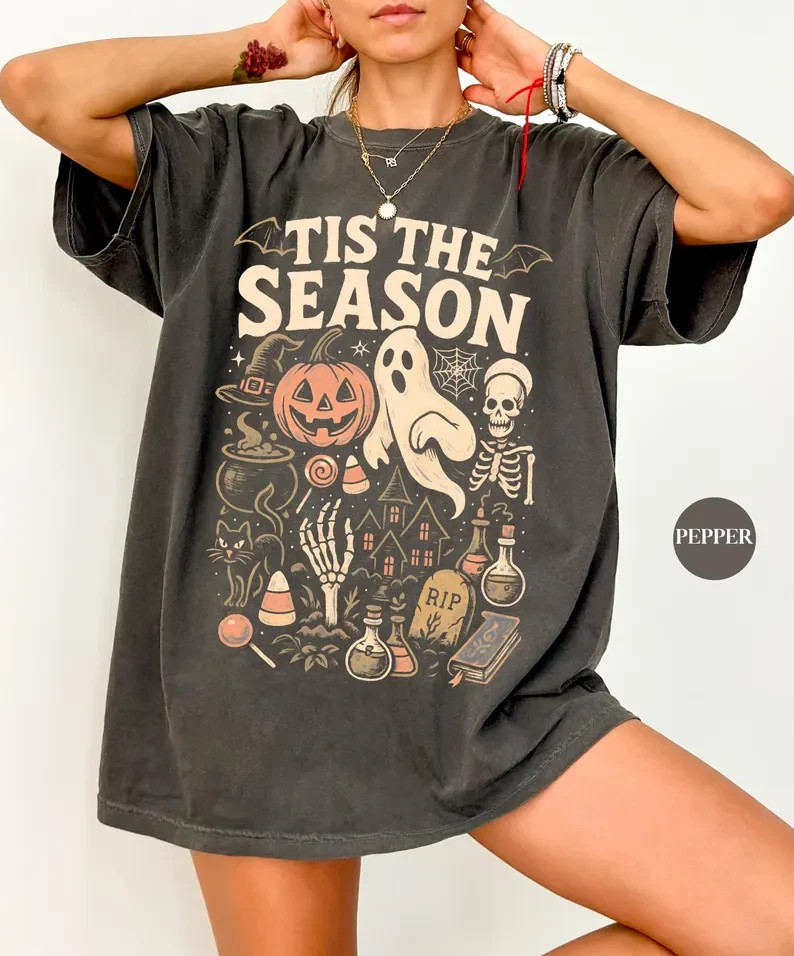 Tis The Season Halloween Shirt Spooky Season Ghost Pumpkin Vintage Graphic Tee