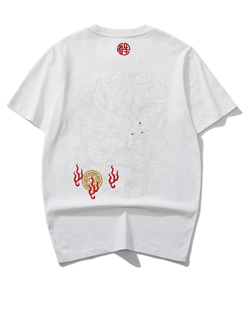 Men Embroidery Dragon T Shirt Hip Hop Streetwear Cotton Short Sleeve Tee
