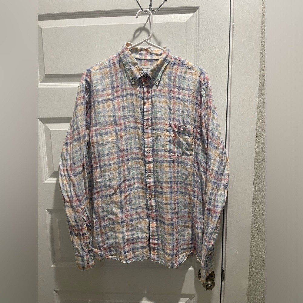 Peter Millar 100% linen striped checkered long sleeves men shirt L