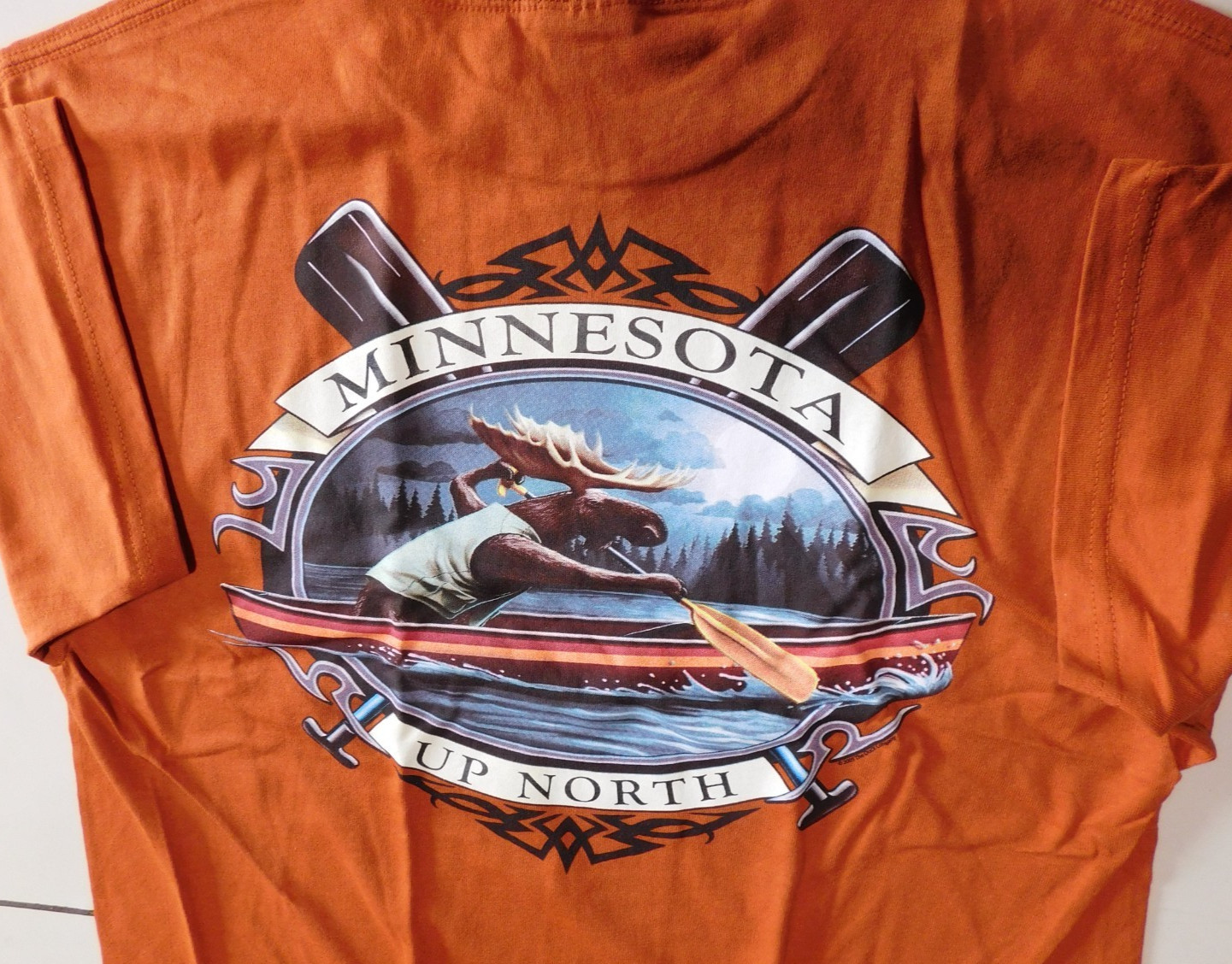 Minnesota T-shirt Up North Moose Canoe 36″ Chest NOS USA Screen Print USA Fabric
