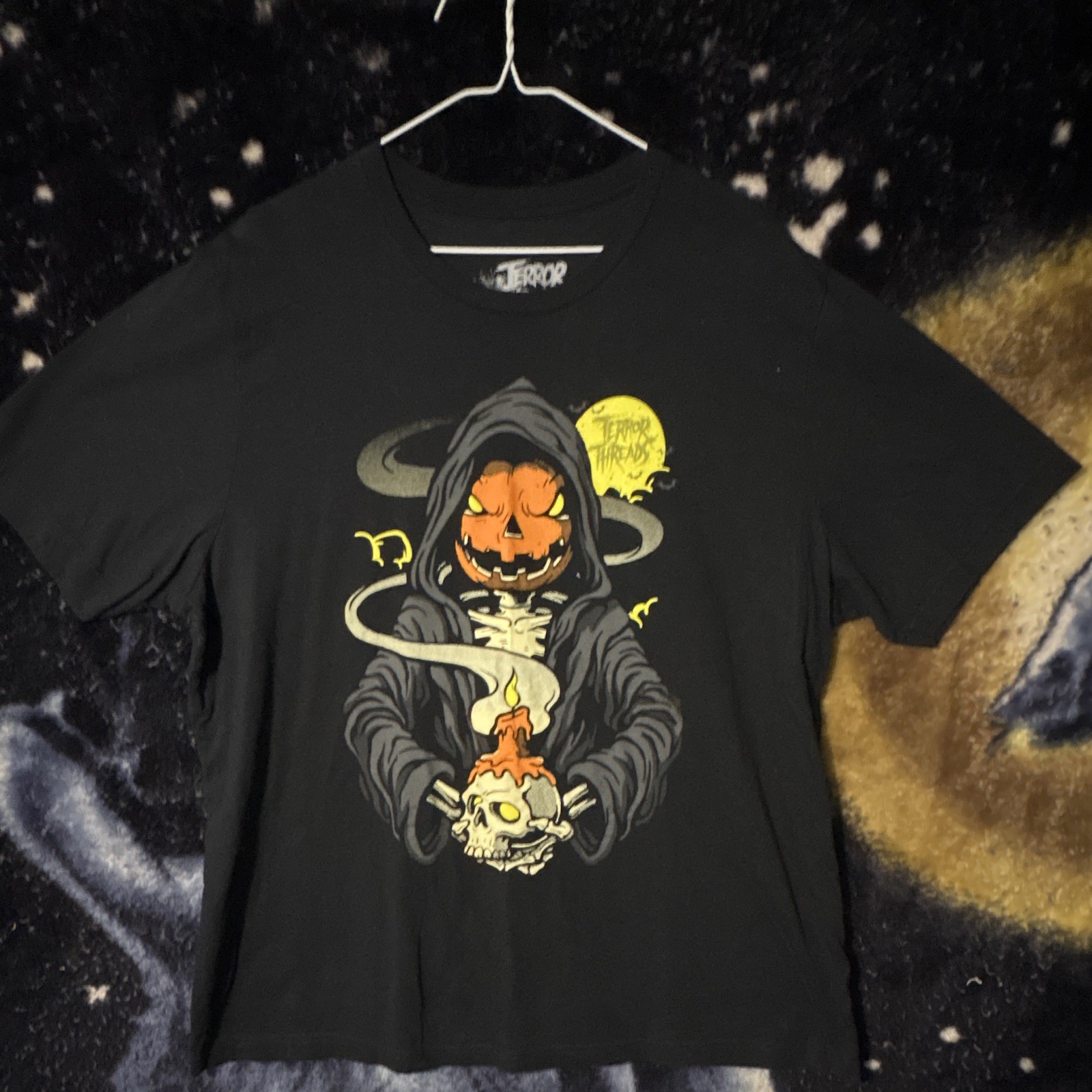 Terror Threads Men’s Black Halloween Skull Jack-o’-lantern Graphic T-Shirt 3XL