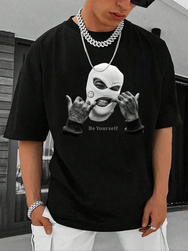 Men’s Regular Fit Figure & Letter Print Drop Shoulder Tee, Street Fashion Casual