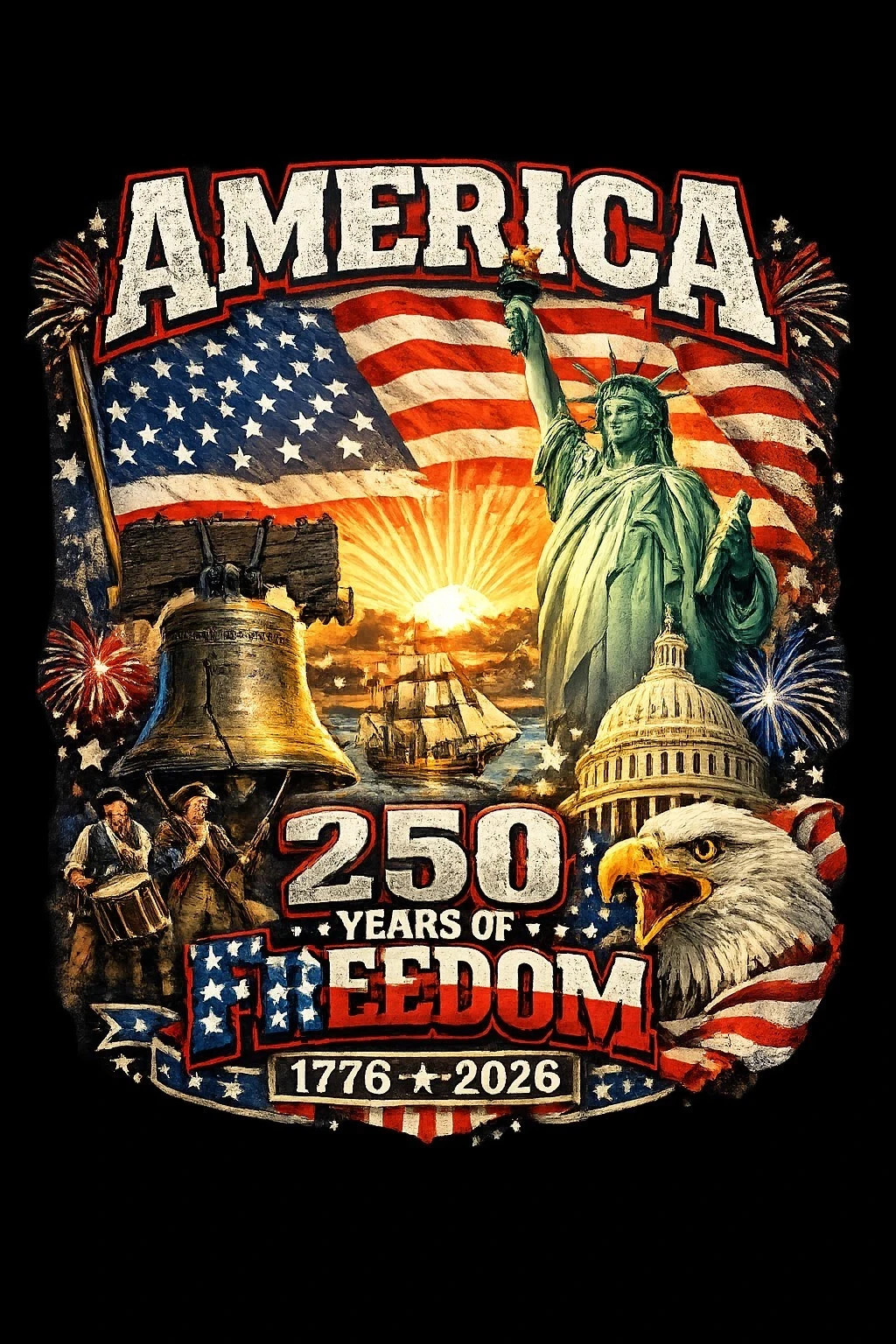 America 250 Years Freedom Shirt 1776-2026 Patriotic USA Flag July 4th Tee