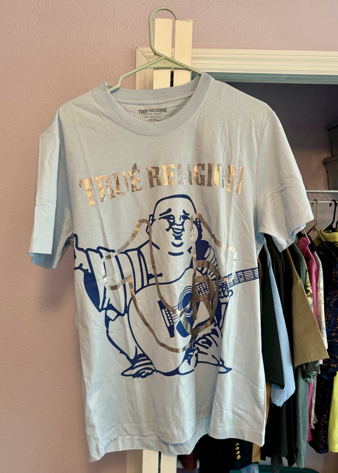 True Religion Buddha Foil Light Blue Tshirt. Men’s Large. NWT