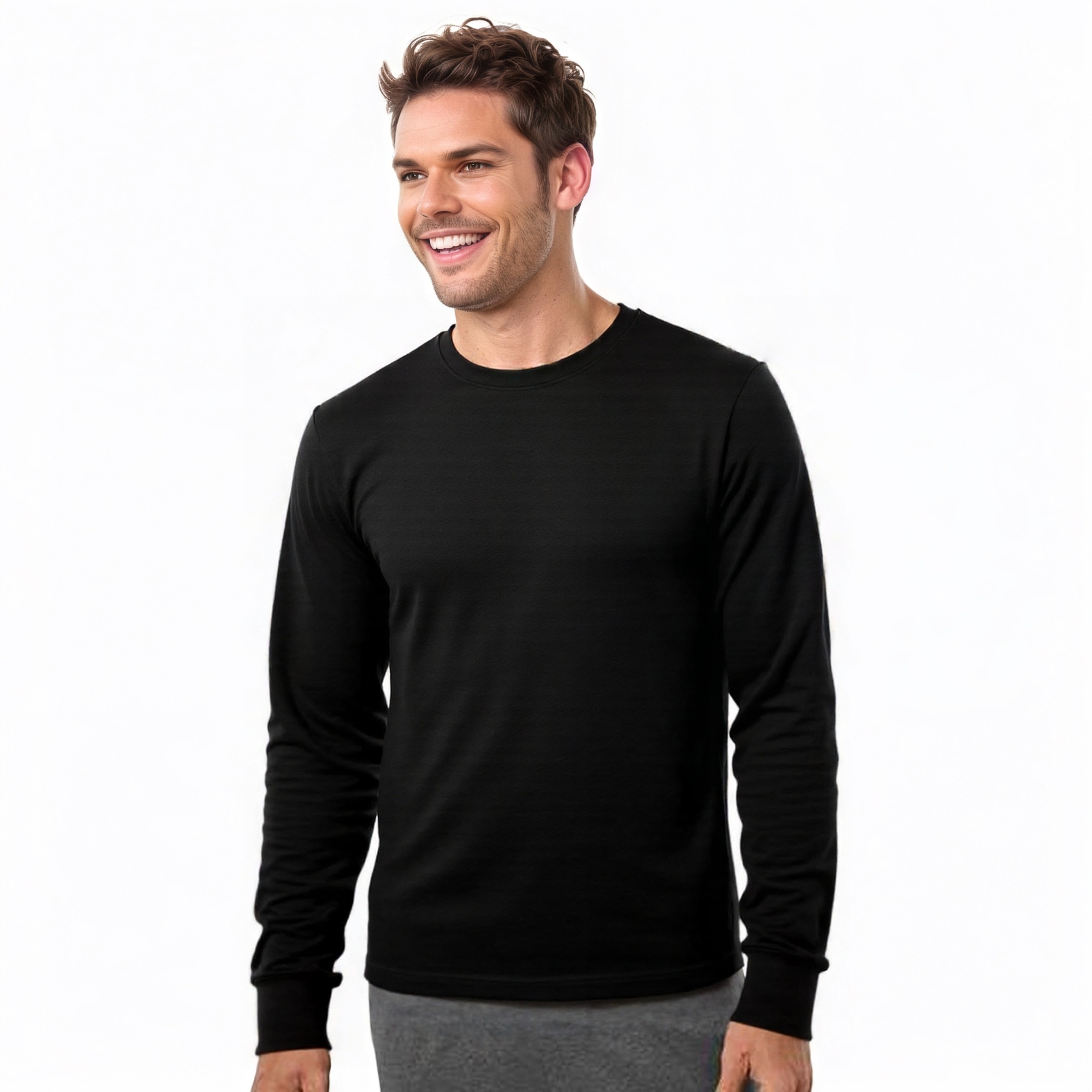 COUVER Men’s Cotton Ribbed Cuff Crew Neck Long Sleeve T-Shirt, 1 Piece