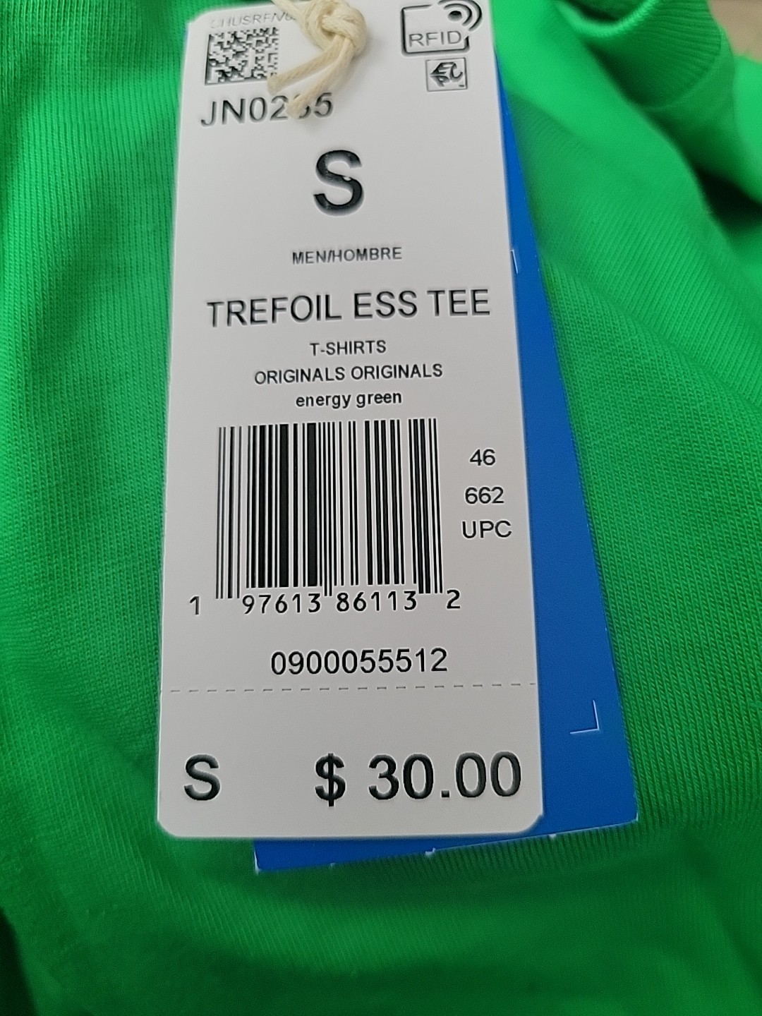 Adidas Men’s Trefoil Essential Tshirt. Energy Green. Small. 100% Cotton