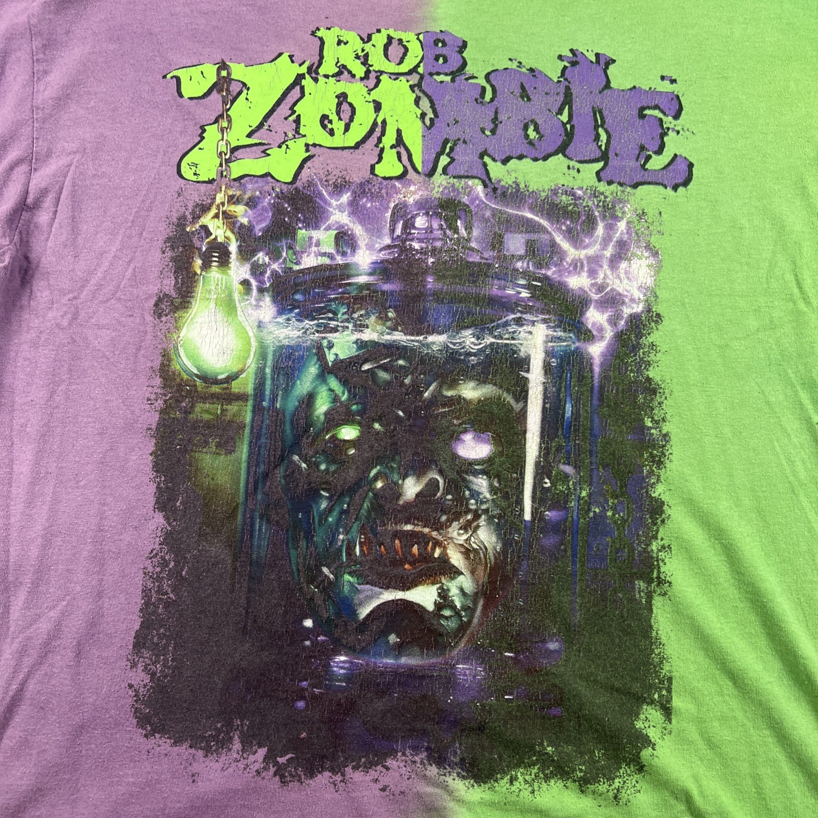 Rob Zombie “Monster Head” Tie Dye T-Shirt Adult L Distressed Faded Green Purple