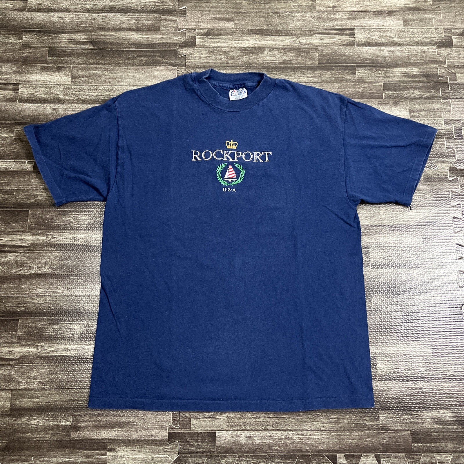 Vintage Rockport Massachusetts Embroidered Tshirt Blue Large Single Stitch VTG