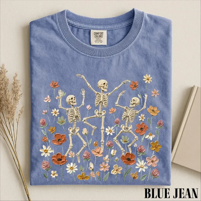 Dancing Skeleton Flowers Shirt Floral Halloween Graphic Tee Gildan Unisex
