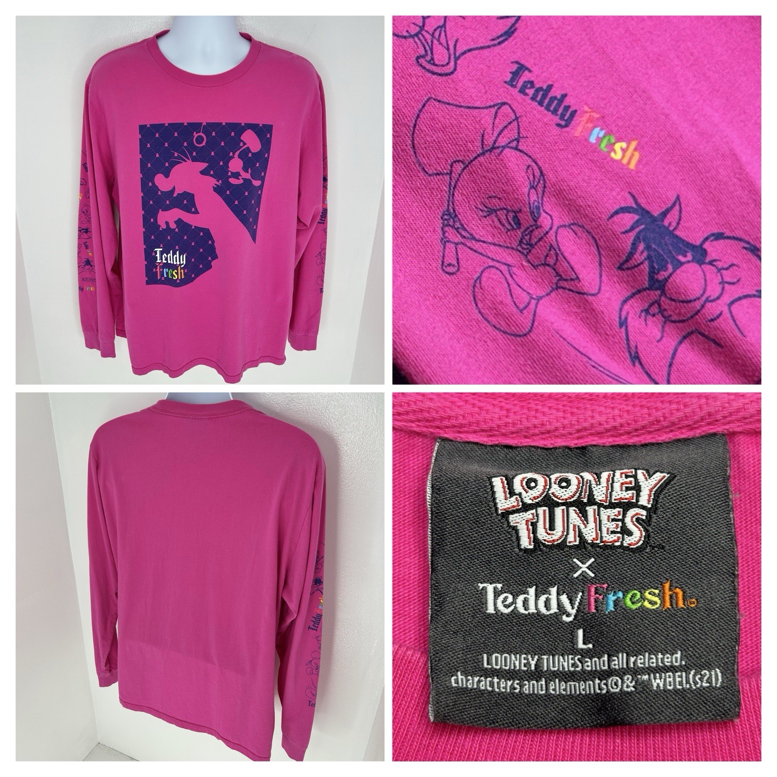Teddy Fresh X Looney Tunes Pink Shirt Size Large Sylvester Tweety Streetwear