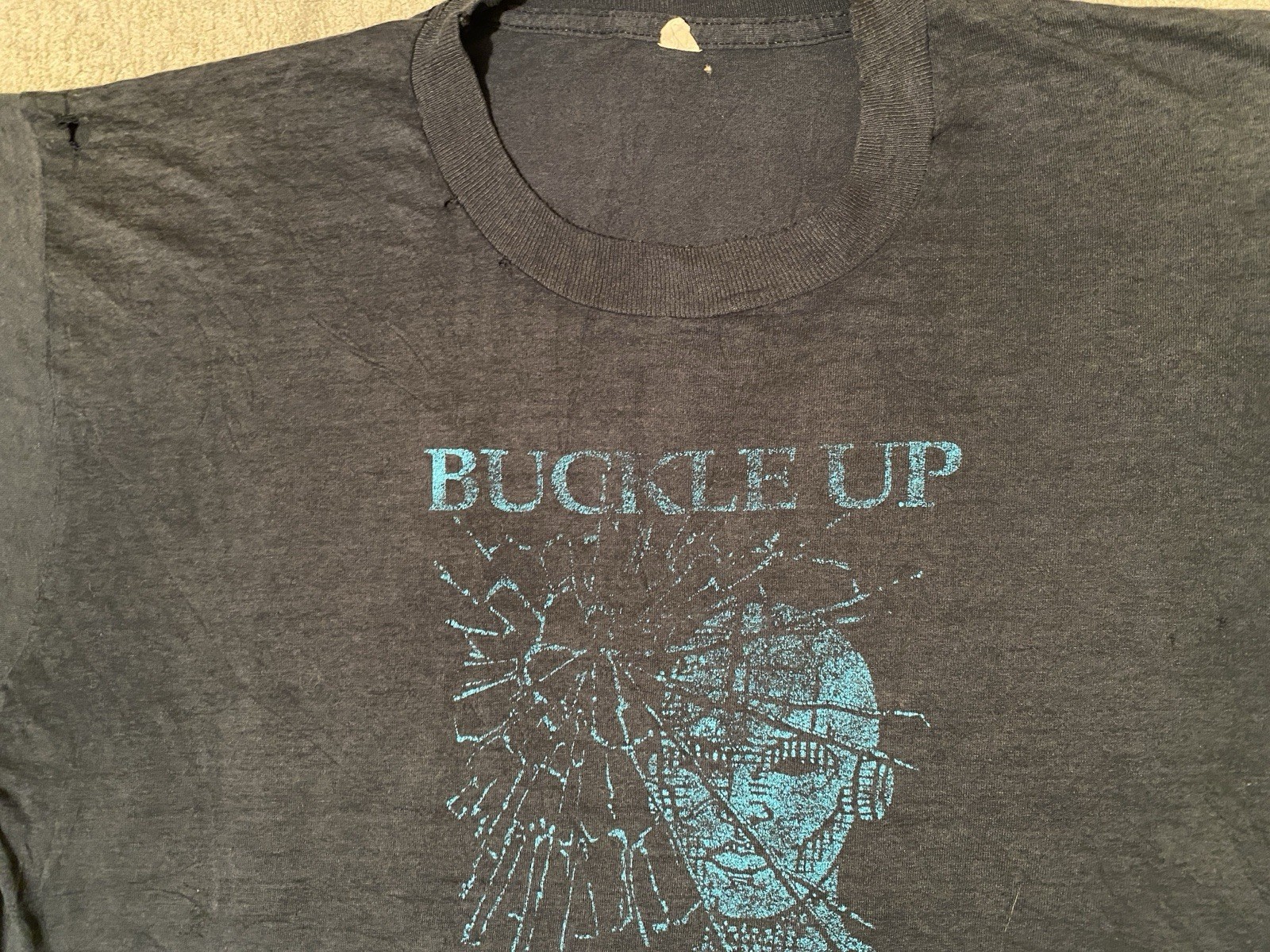 Vintage 1980s Buckle Up or Eat Glass Crash T Shirt men’s large Distressed