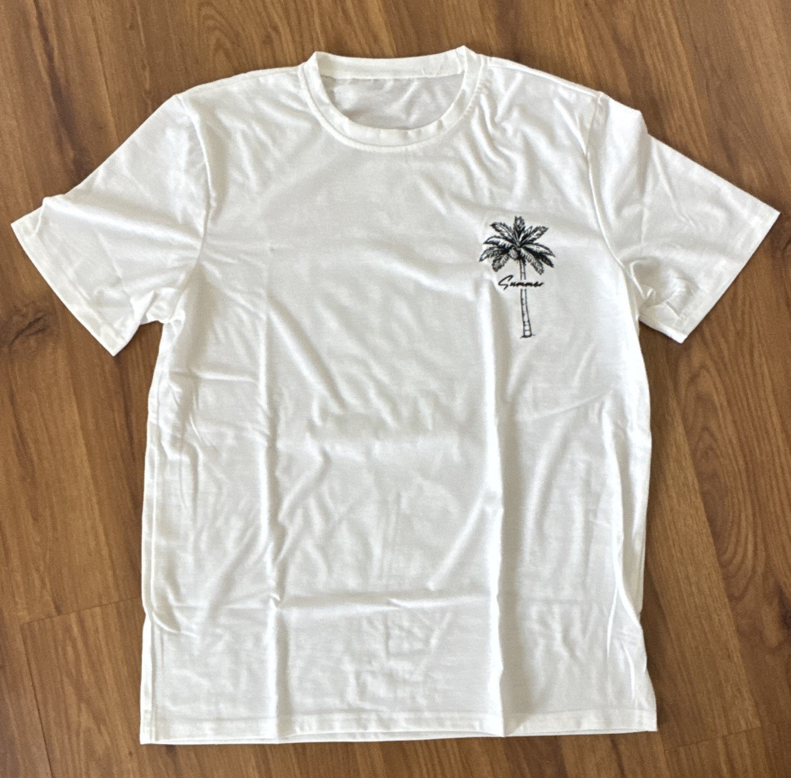 Men’s White Crew Neck Short Sleeve Graphic Beach T-Shirt Polyester/Spandex S
