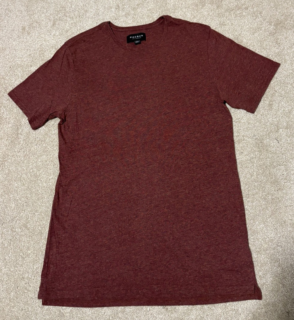 PacSun Mens Auburn Burgundy Red Short Sleeve T-Shirt Tee Longer Length, Sz L