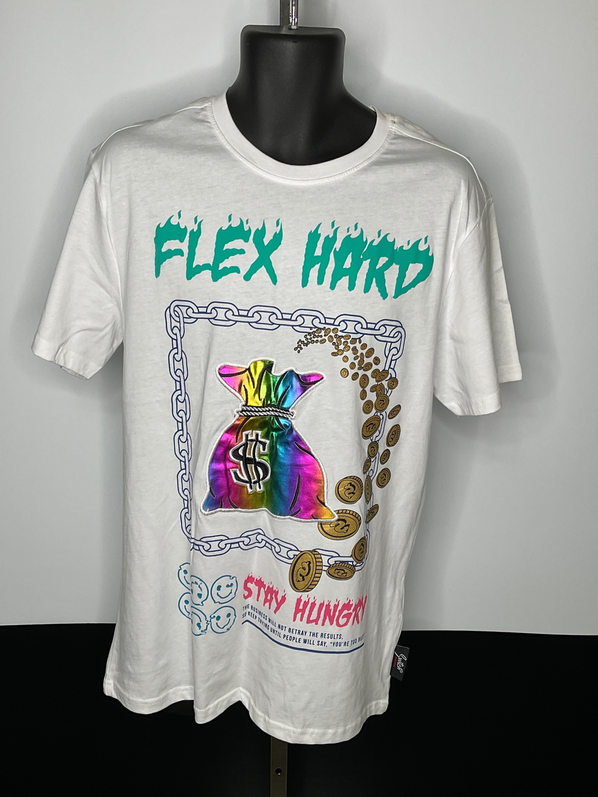 Switch Remarkable Mens Large White T-Shirt Flex Hard Holographic Money Bag Stree