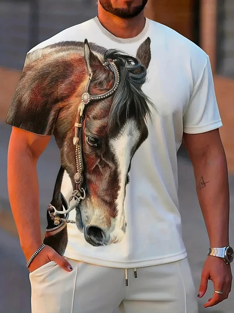 Mens 3D Horse Graphic T-Shirt Short Sleeve Animal Print Streetwear Tee