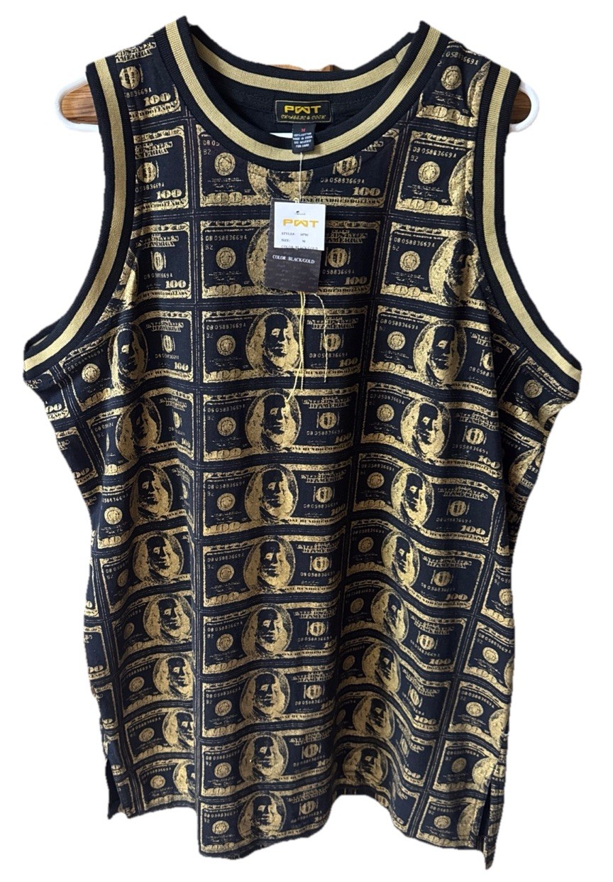 PWT classic And Cool Men’s Top Dollar Bill Print Size M Mettalic Gold And black