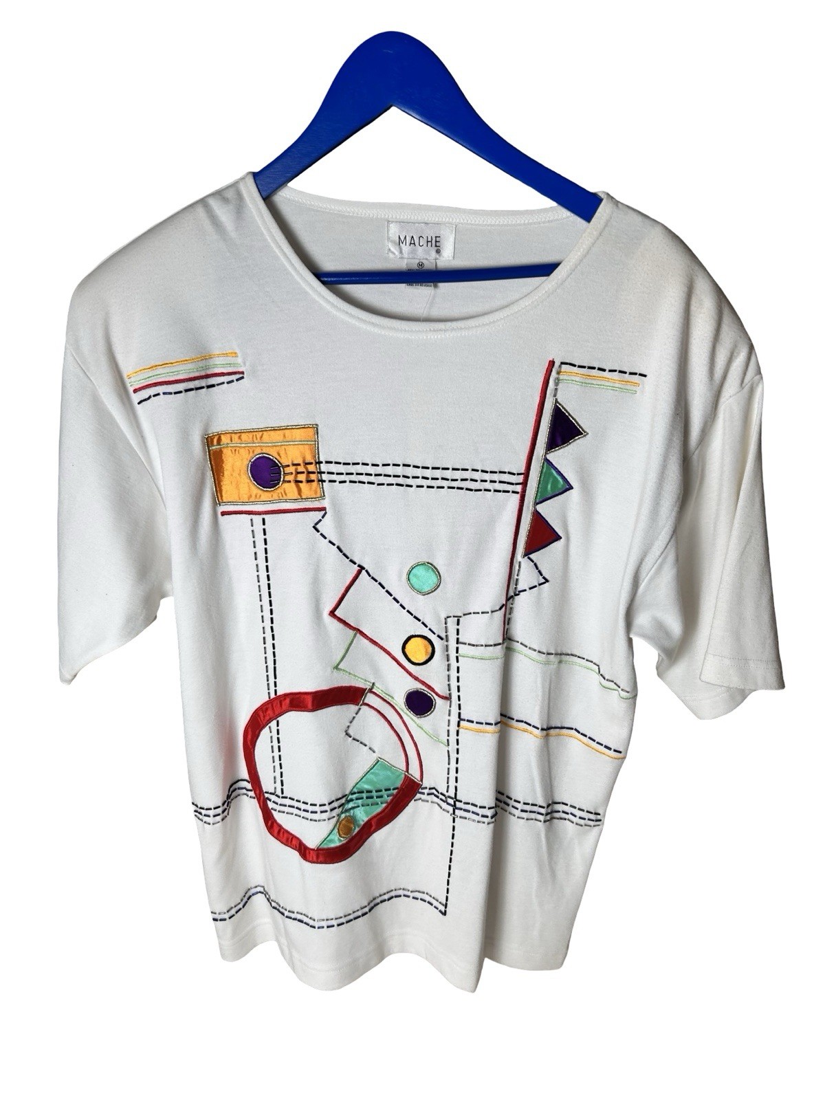 Mache Embellished Structured T-shirt Sz M White Colorful Geometric Appliqué READ