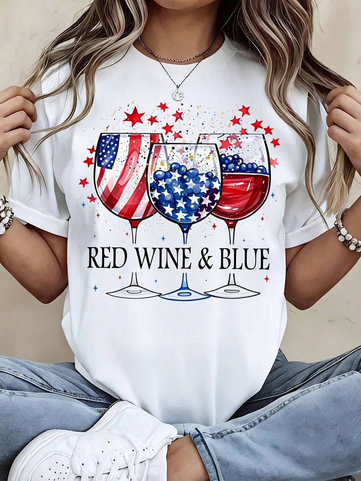 Patriotic American Flag Wine Glasses TShirt Red White And Blue Stars And Stripes