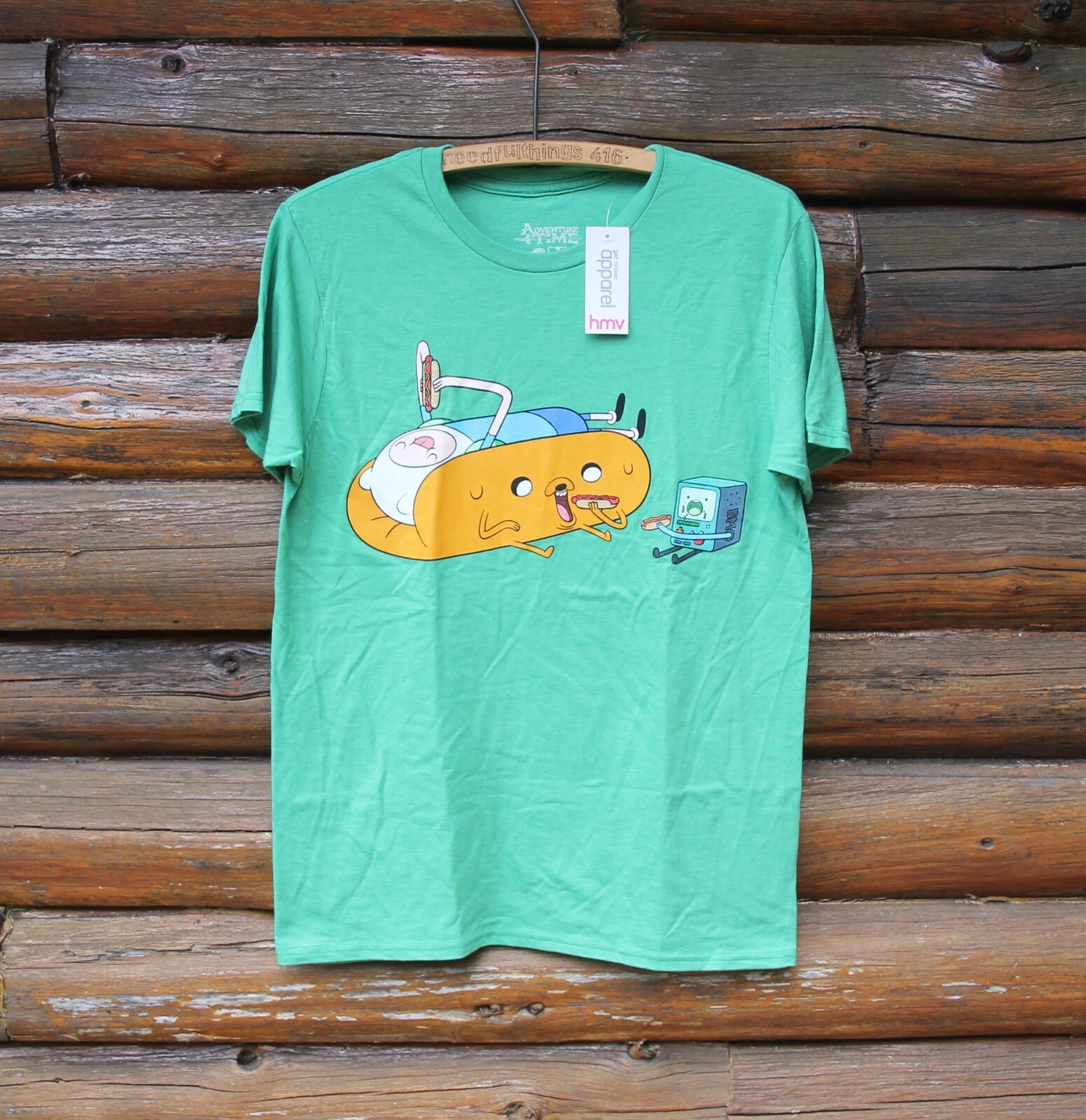 Adventure Time Cartoon Network Jake Finn BMO Hot Dog Green Shirt Size Medium NWT