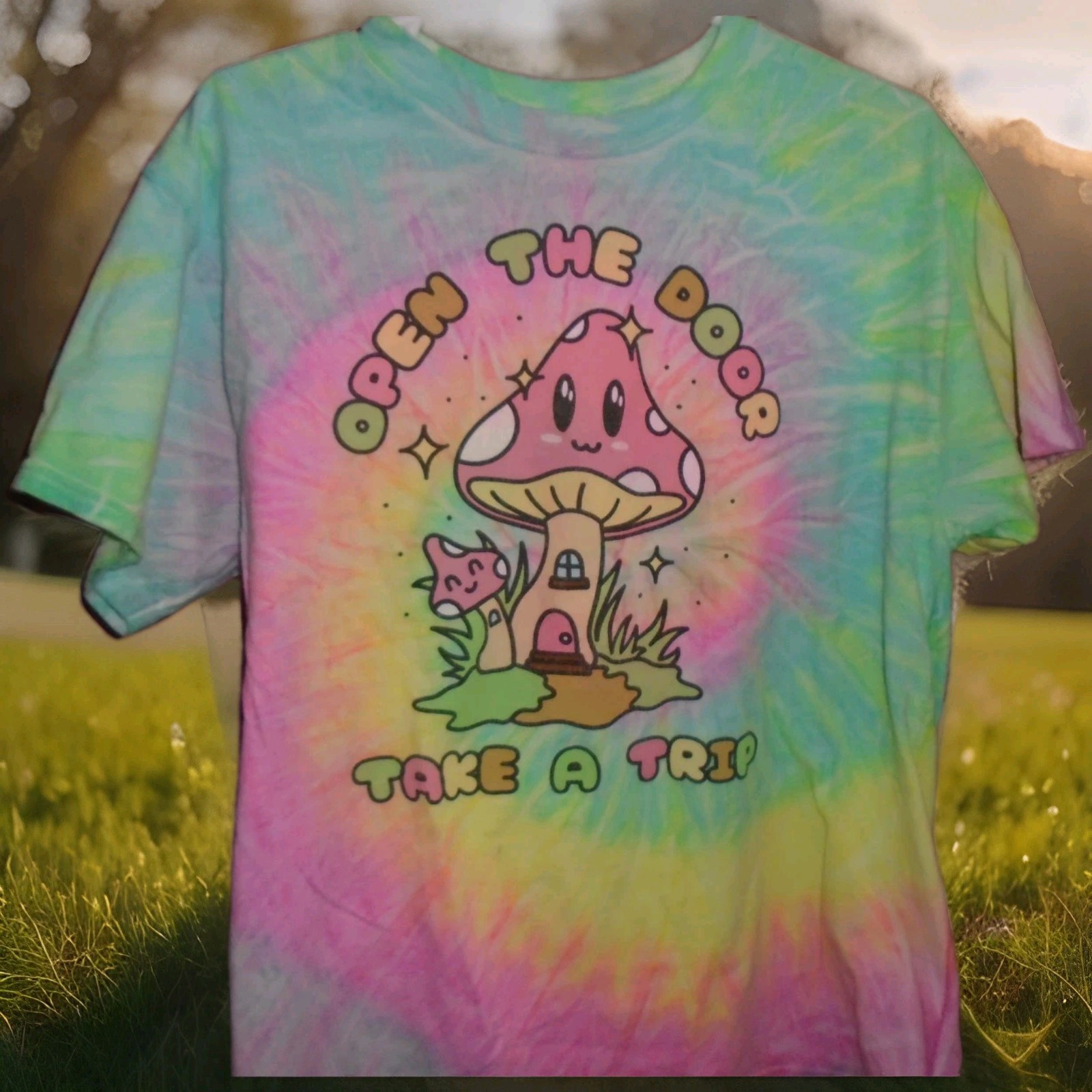 SPENCER’S “OPEN THE DOOR TAKE A TRIP MUSHROOM ” TYE DYE TSHIRT ADULT LARGE
