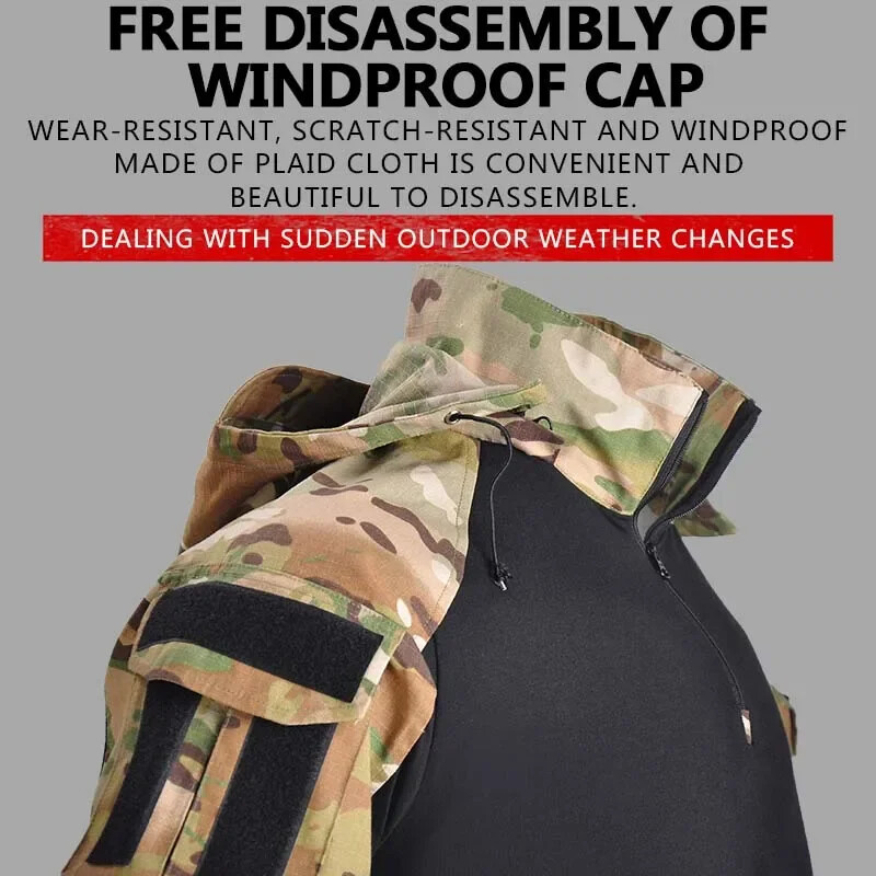 Outdoor Shirts Camo Combat T-Shirt Hooded Men Tactical Shirt Airsoft