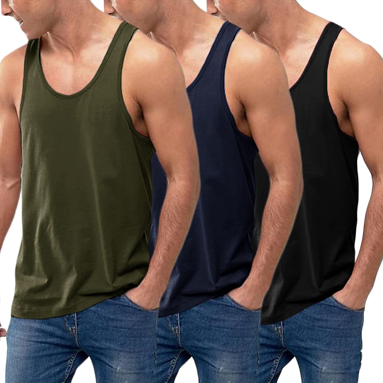 Men’s 3 Pack Cotton Performance Classic Tank Tops 2XL Black/NavyBlue/Army Green