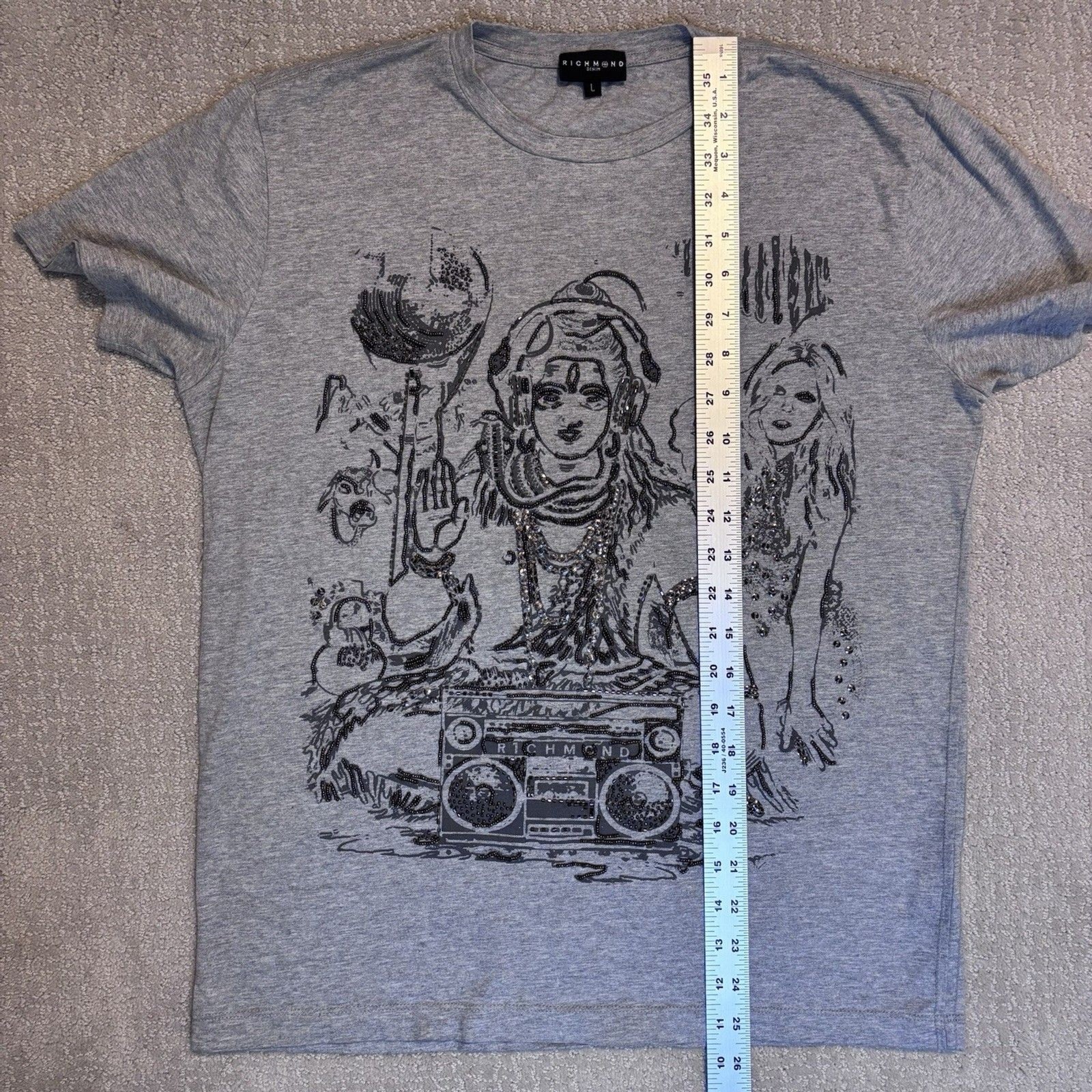 John Richmond Graphic Tee Beaded Embellished Shiva Boombox DJ Streetwear Y2K