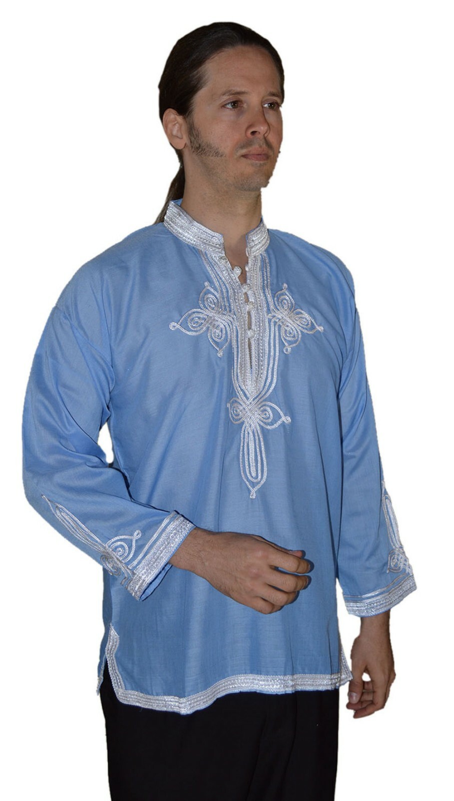 Moroccan Men Tunic Shirt Casual Handmade Embroidered Cotton X- Large Light Blue
