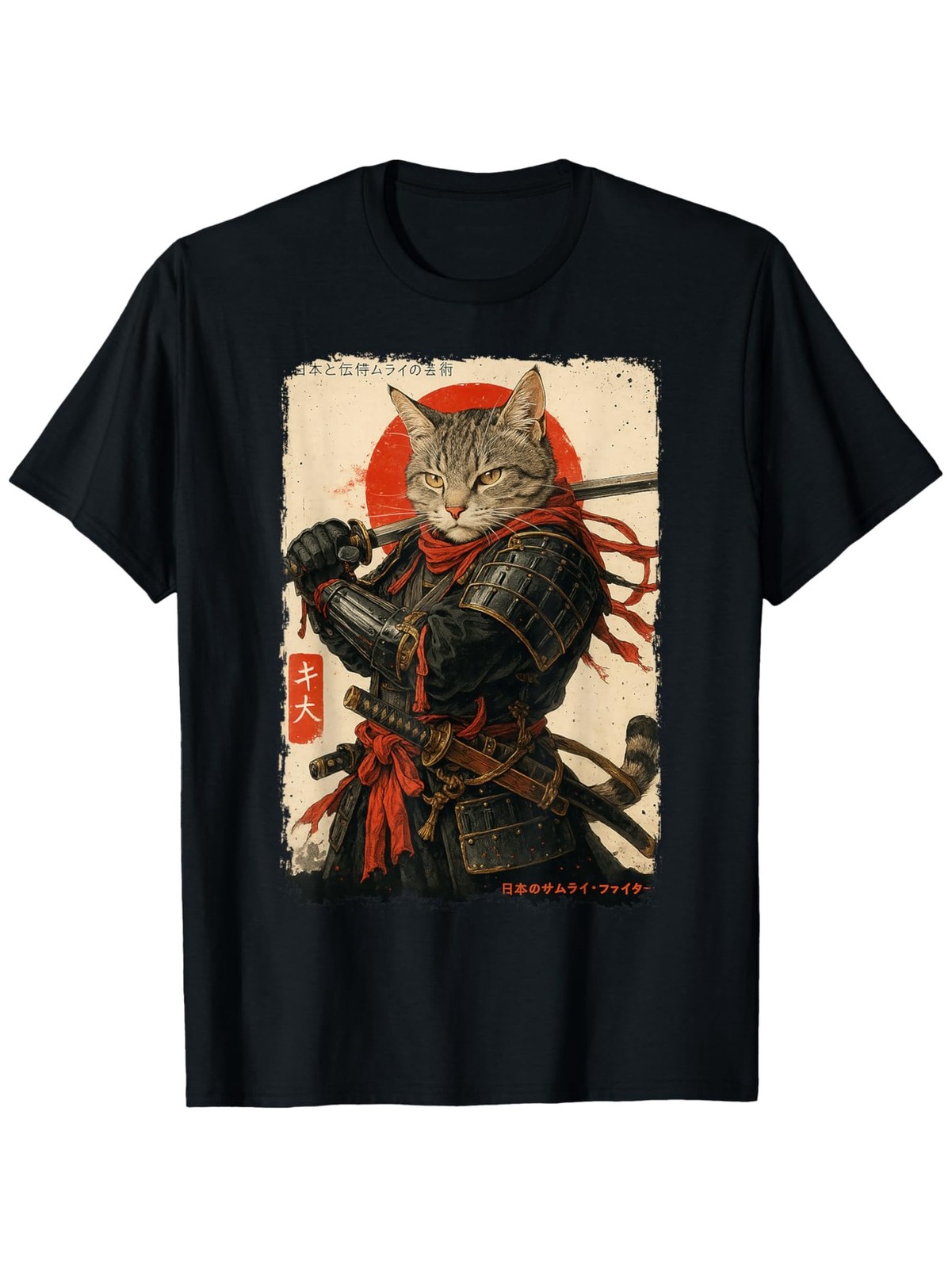 Samurai Cat Warrior Graphic T-Shirt Japanese Ukiyo Ink Art Tee
