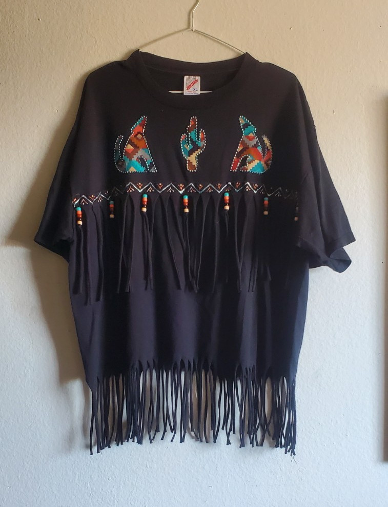 JERZEES Southwestern Cactus Graphic T-Shirt Black Fringe Beaded Unisex XL