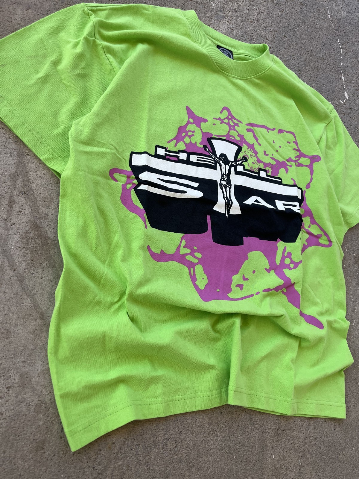Hellstar Studios Path To Paradise Jesus Tee Neon Green Purple Pink Splat Cross