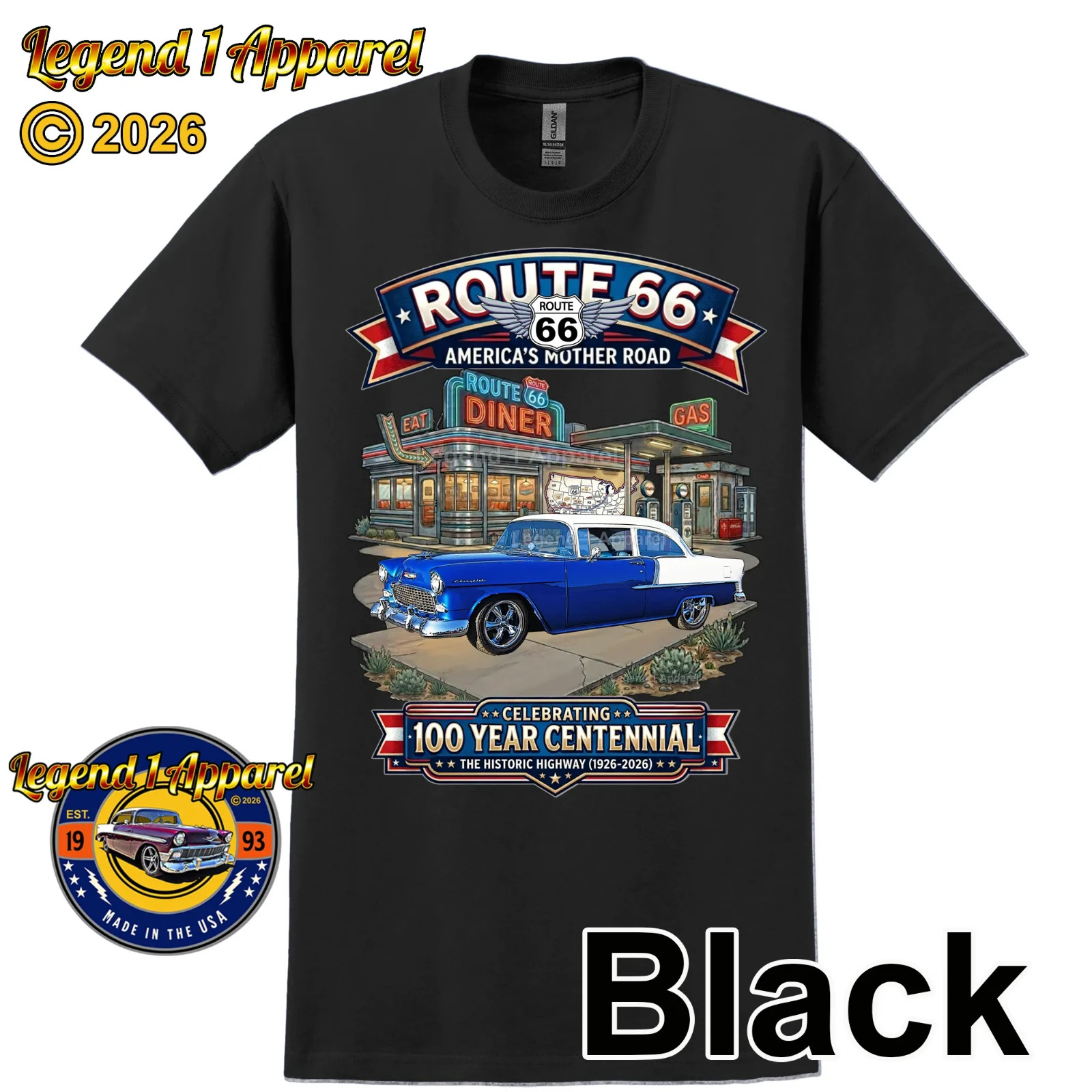 Route 66 100 Year Centennial, 1955 Chevrolet Bel Air Coupe T-Shirt