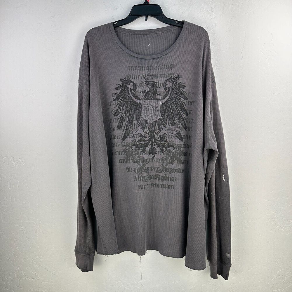 Waffle Knit Eagle Animal Print Tshirt Mens Gray Black Long Sleeve Tee Grunge
