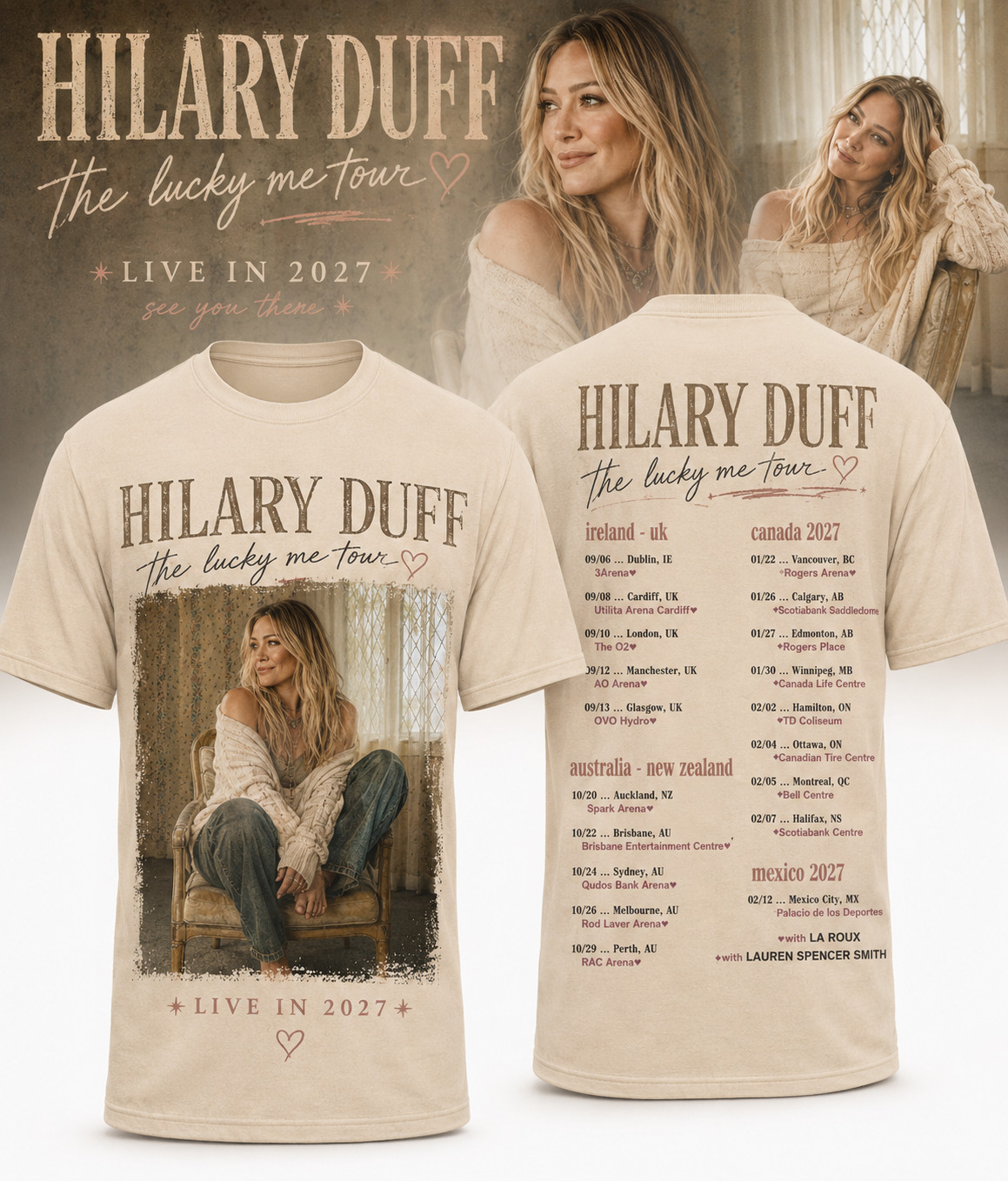 Hilary Duff Details Lucky Me Tour 2026-2027 3D T-shirt Gift For Fan BT2406
