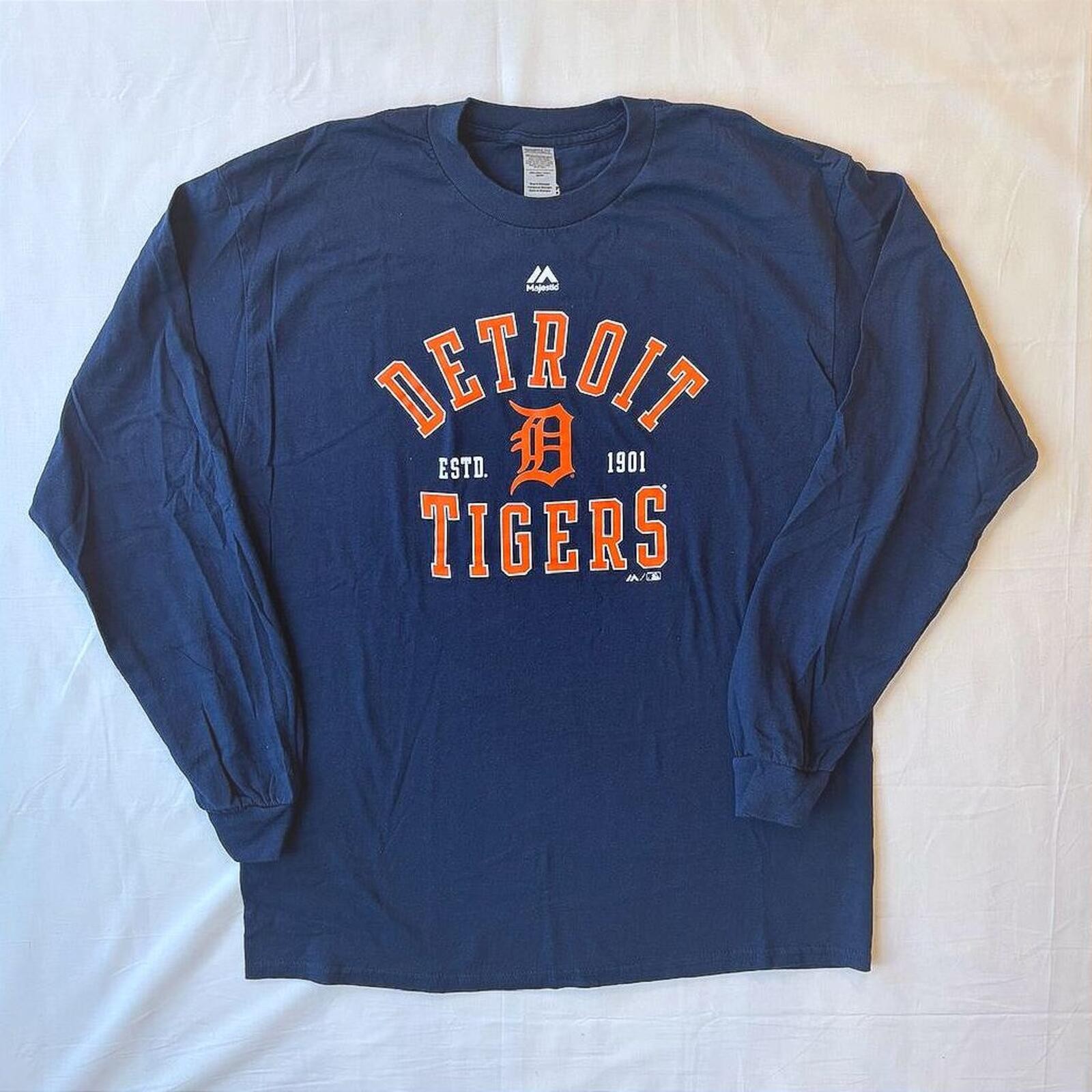 Majestic Detroit Tigers Long Sleeve T-Shirt Navy Estd 1901 MLB Mens Large