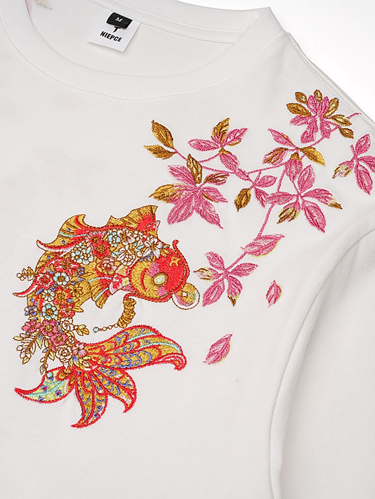 Niepce Men’s Floral Koi Fish Embroidery Tee Japanese Streetwear T-Shirt