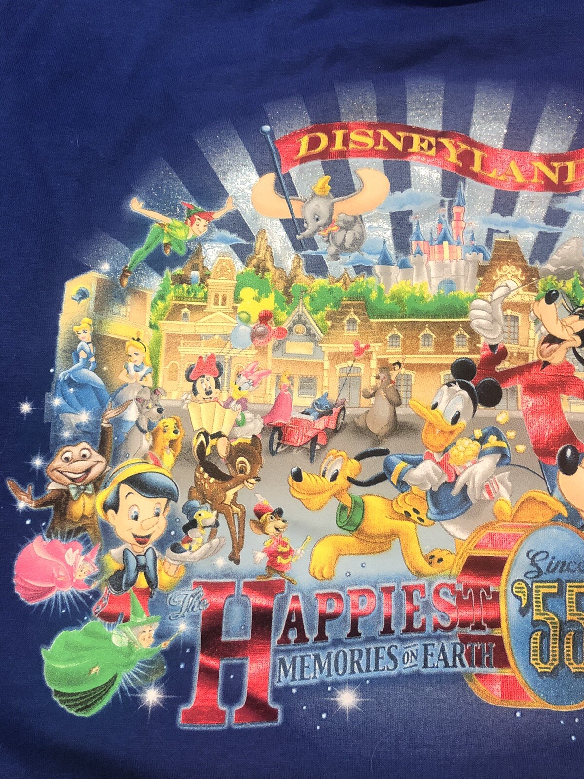 XL BLUE reflective HAPPIEST MEMORIES ON EARTH 55 Large DISNEY CAST SHIRT TEE