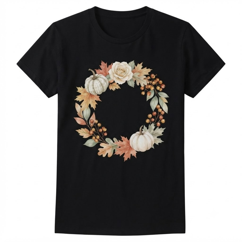 Watercolor Autumn White Pumpkin And Floral Wreath Fall Season T-shirt
