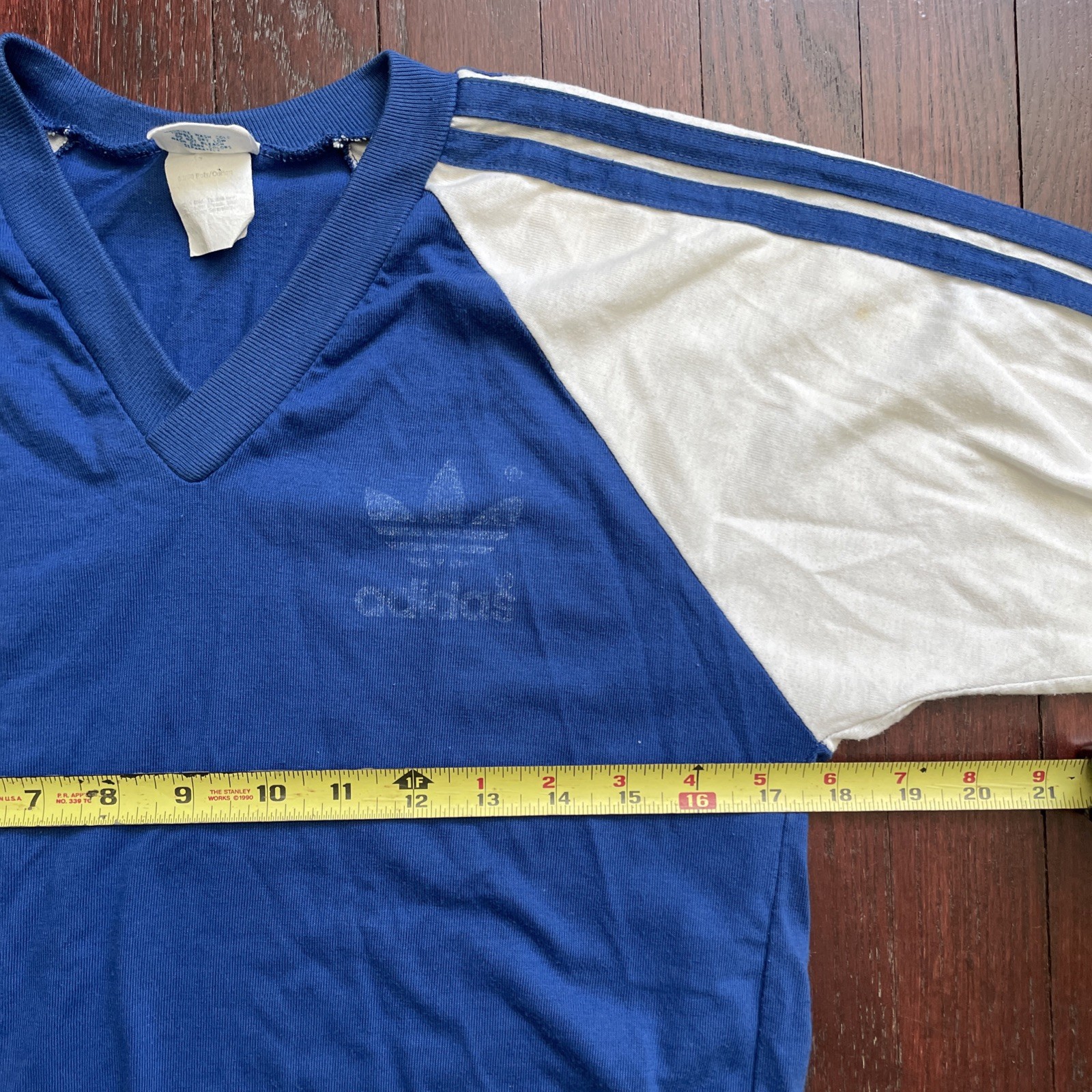 80s Vtg Adidas Trefoil USA MADE V-Neck LONG jersey Tee shirt blue white size M